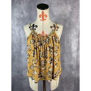American Eagle Womens Tank Top Mustard Yellow Floral Spaghetti Strap Size S